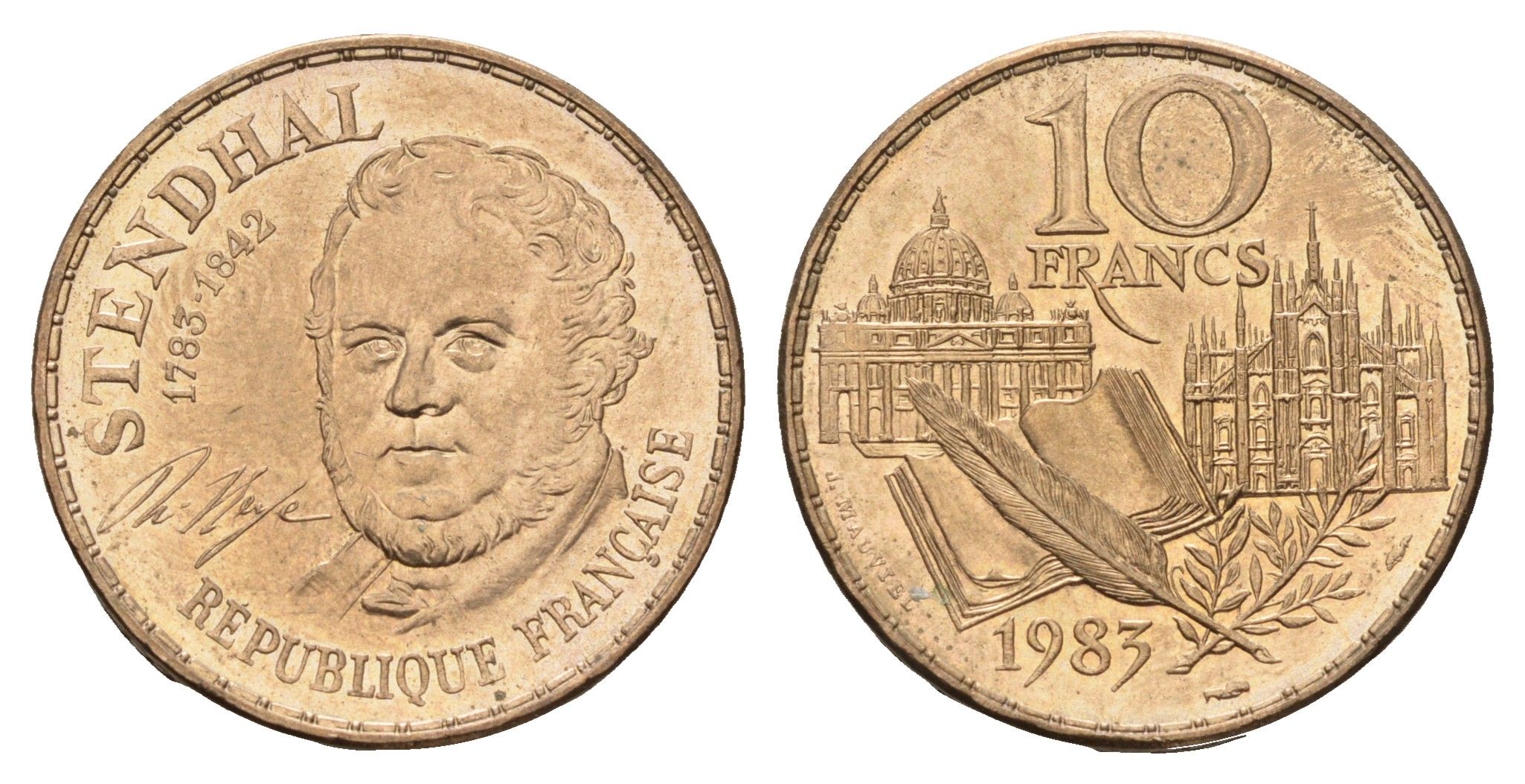 Франция 10 франков 1983 200 лет со дня рождения Стендаля KM 953 никель латунь UNC 60-745