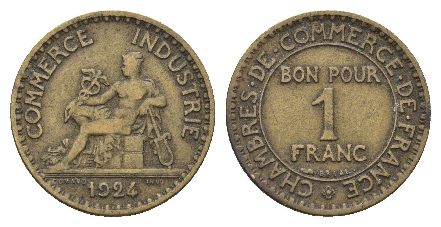 Франция 1 франк 1924 KM 876 алюминиевая бронза 4673-1123