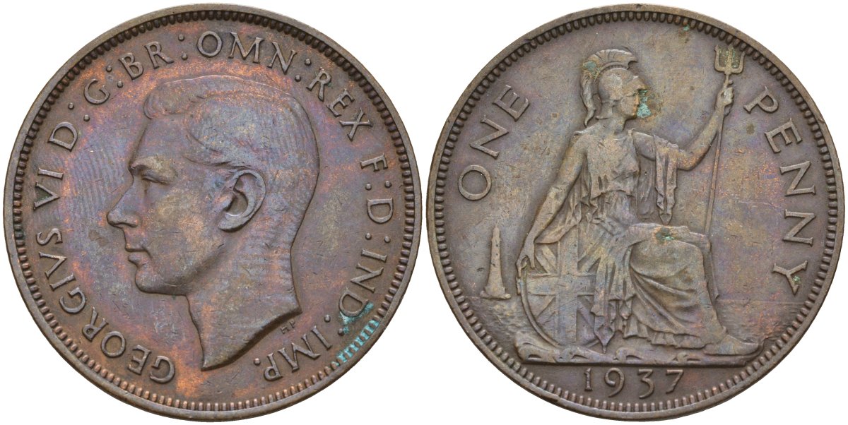 Великобритания 1 пенни 1937 Георг VI (1936-1952) KM 845, Spink 4114 бронза 4144-522