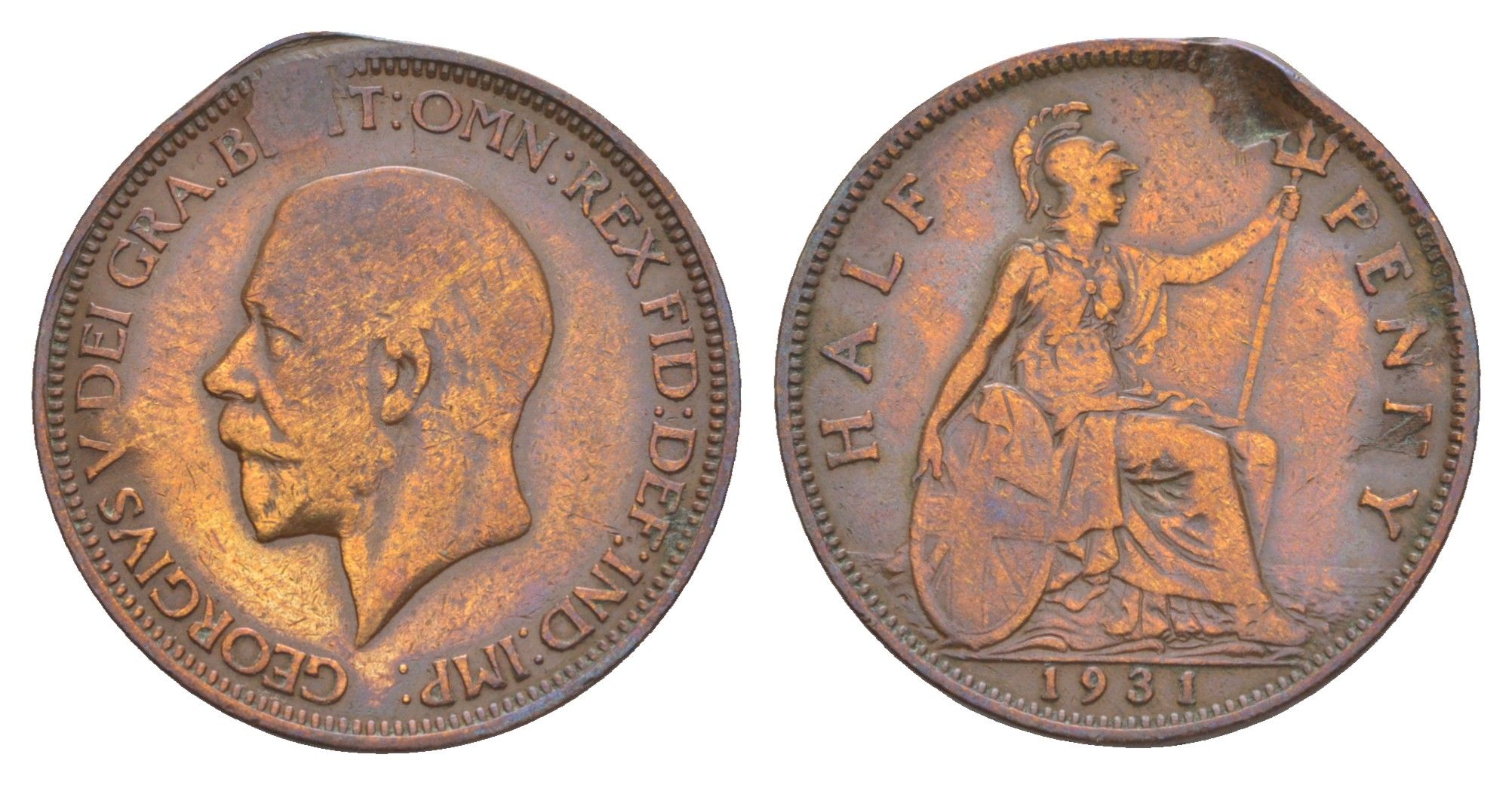 Великобритания 1/2 пенни 1931 Георг V (1910-1936) KM 837, Spink 4058 бронза 4638-453