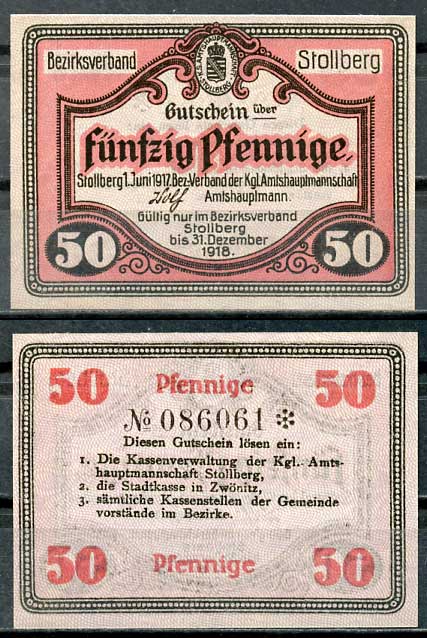 Германия, Штольберг 50 пфеннигов 1918 нотгельд, 31.12.1918 Tieste 7155.05.03 бумага UNC (пресс) 8614-49-1-1