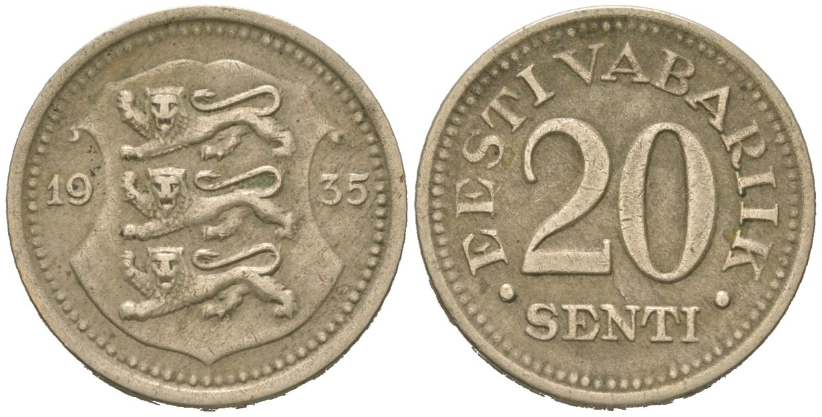 Эстония 20 центов 1935 Республика (1918-1941) KM 17 никель бронза 4615-1114