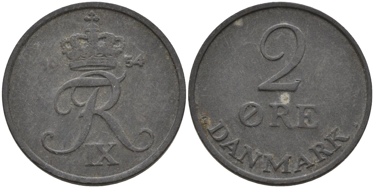 Дания 2 эре 1954 Фредерик IX (1947-1972) KM 840 цинк 4147-541
