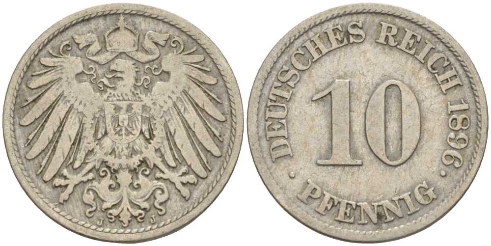 ГЕРМАНИЯ 10 ПФЕННИГОВ 1896 D KM 12, J. 13 медно-никель 4401-956