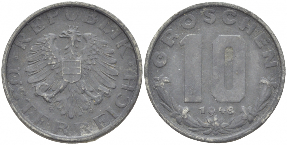 АВСТРИЯ 10 ГРОШЕЙ 1948 KM 2874 цинк 4402-613