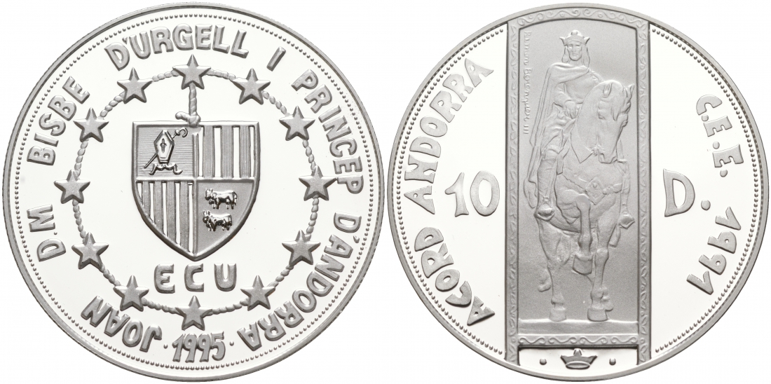 Андорра 10 динеров 1995 Рамон Беренгер III (1082-1131), таможенный союз ECU KM 105 серебро PROOF 11-073-32