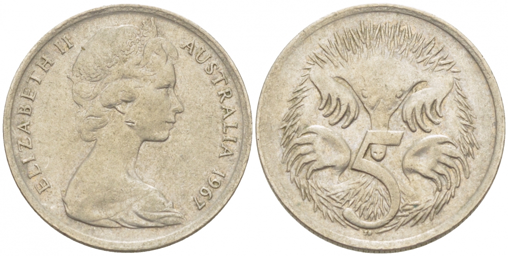 АВСТРАЛИЯ 5 ЦЕНТОВ 1967 ЕЛИЗАВЕТА II, МОЛОДОЙ ПОРТРЕТ, ЕХИДНА KM 64 медно-никель 3851-1121