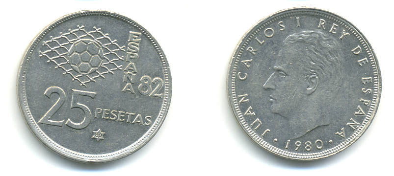 Испания 25 песет 1980 (80) чемпионат мира по футболу KM 818 медно-никель 89-1424