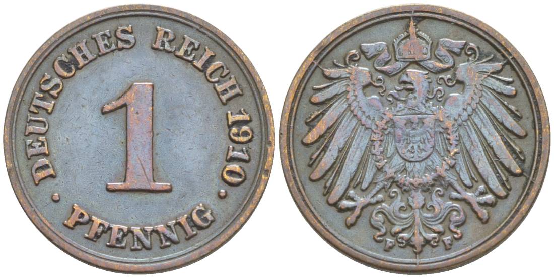 ГЕРМАНИЯ 1 ПФЕННИГ 1910 F KM 10, Jager. 10, Weege 2 медь 4528-1263