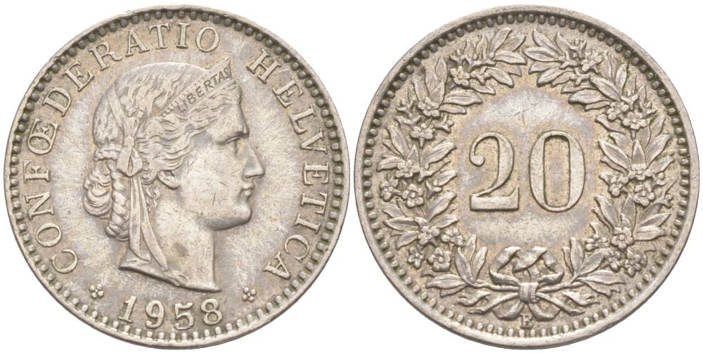 ШВЕЙЦАРИЯ 20 РАППЕНОВ 1958 В KM 29a медно-никель 55-745