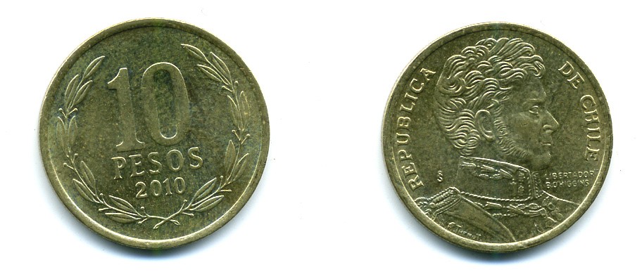 ЧИЛИ 10 ПЕСО 2010 ГЕНЕРАЛ БЕРНАРДО О ХИГГИНС KM 228.2 никель-бронза 37-1042