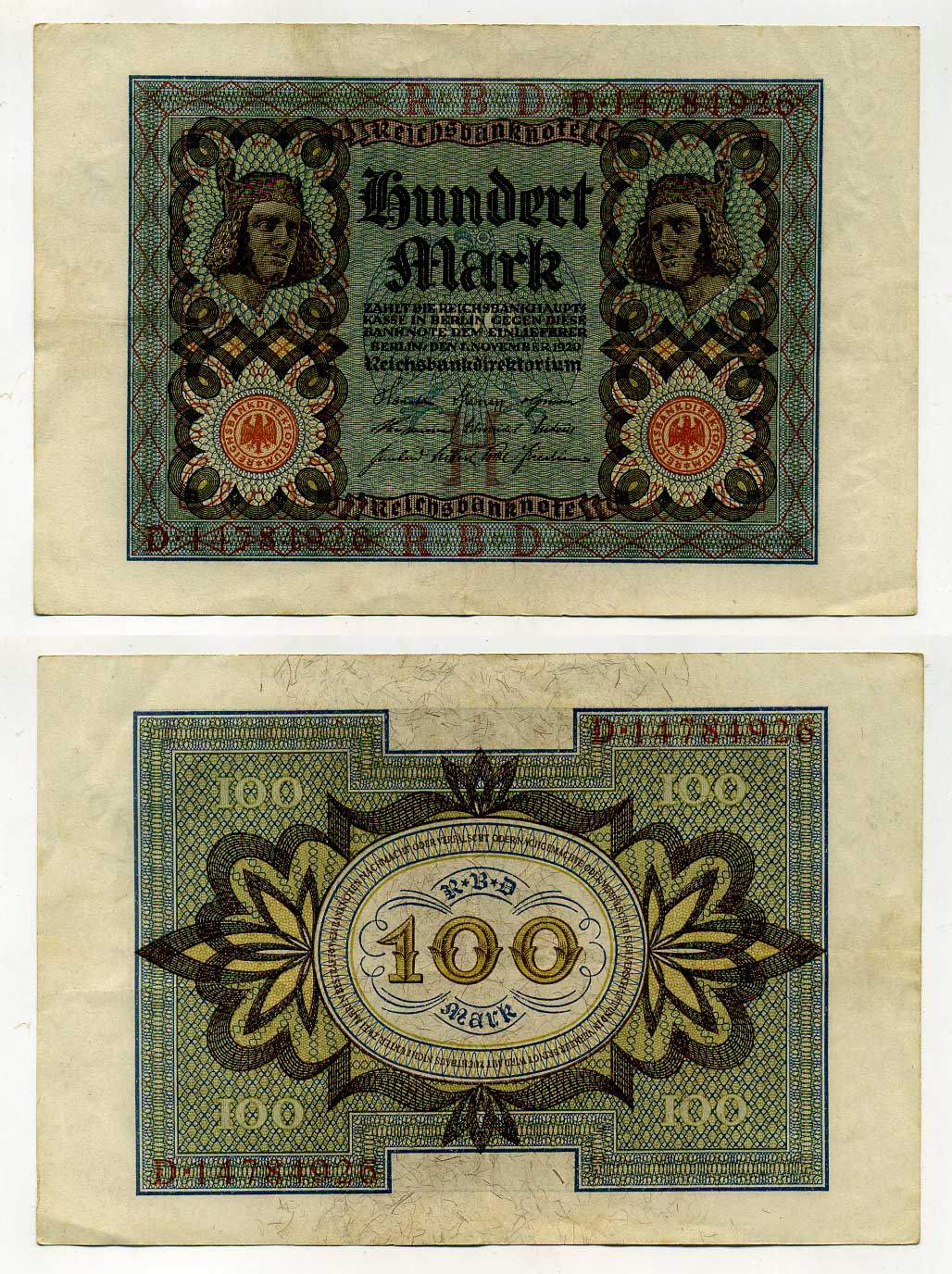 Германия 100 марок 1920 Бамбергский всадник, 8 цифр в номере Pick 69 b, Розенберг 69b бумага 2192-31-1