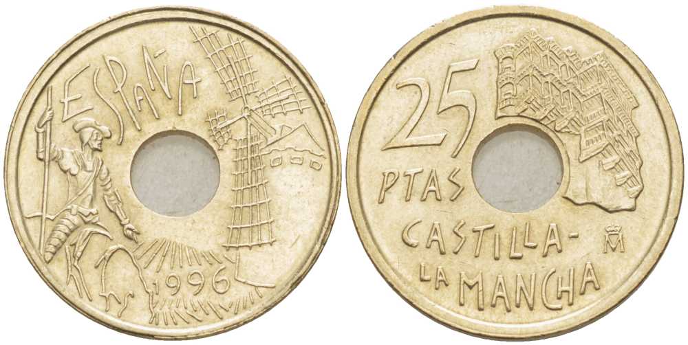 ИСПАНИЯ 25 ПЕСЕТ 1996 КАСТИЛЬЯ - ЛА МАНЧА - ДОН КИХОТ, ХУАН КАРЛОС I (1975-) KM 962 медь цинк никель 213-217