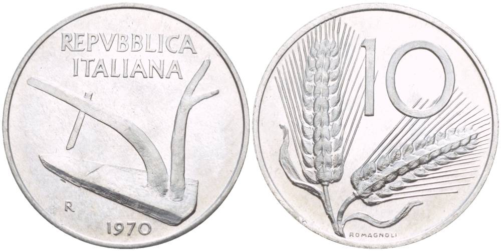 ИТАЛИЯ 10 ЛИР 1970 R, КОЛОСЬЯ, ПЛУГ KM 93 алюминий UNC 4551-214