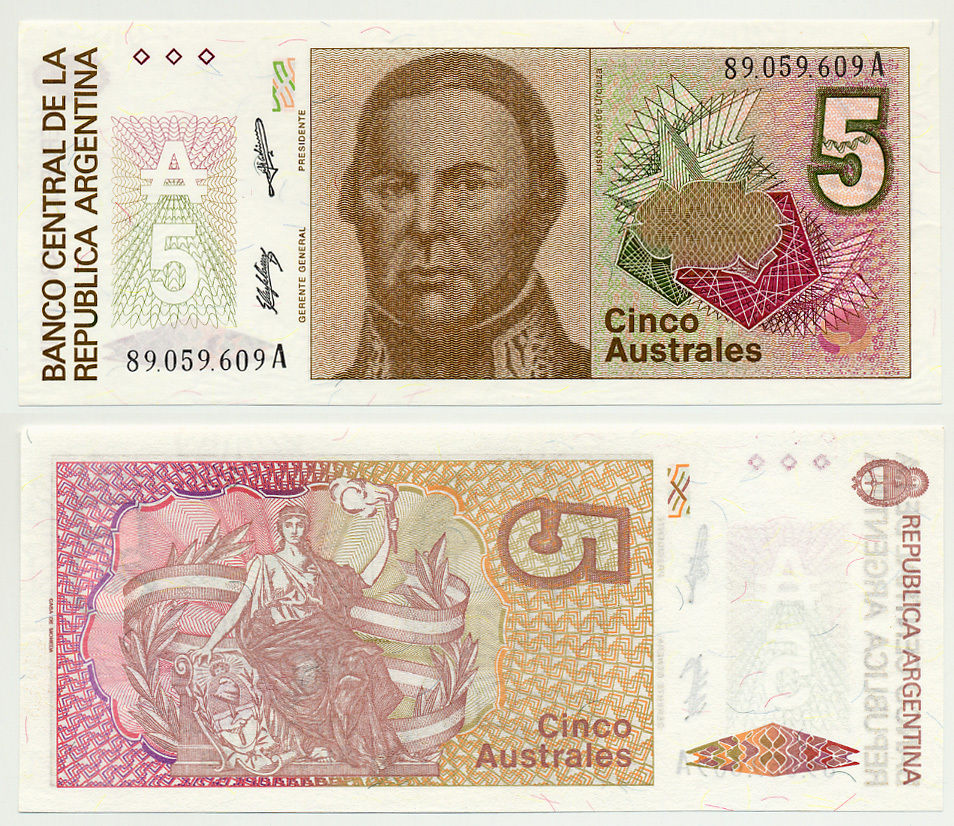 АРГЕНТИНА 5 АУСТРАЛЕЙ 1989 СЕРИЯ А 89059, ХОСЕ де УРКИСА, ПРЕЗИДЕНТ АРГЕНТИНСКОЙ КОНФЕДЕРАЦИИ (1856-1860) Pick 324 бумага UNC (ПРЕСС) 6301-7-2