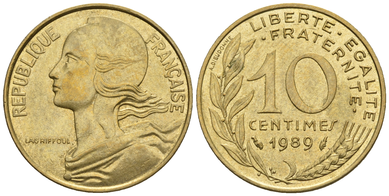Франция 10 сантимов 1989 тип Marianne KM 929, le Franc 144.29 алюминиевая бронза 4609-269