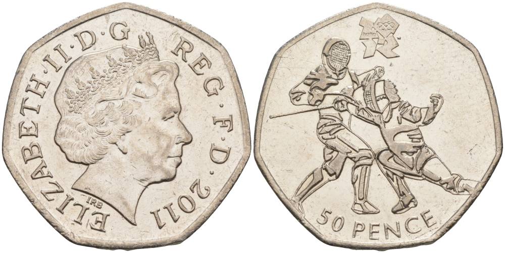 Великобритания 50 пенсов 2011 XXX летние Олимпийские игры в Лондоне в 2012 году, фехтование, Елизавета II (1952-2022) KM 1191, Spink LO11 медно-никель 00-00