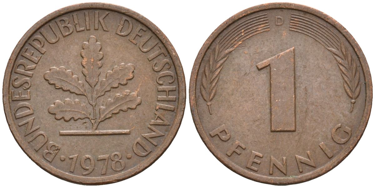 ФРГ 1 пфеннниг 1978 D KM 105, J.380 сталь плакированная медью 4608-321