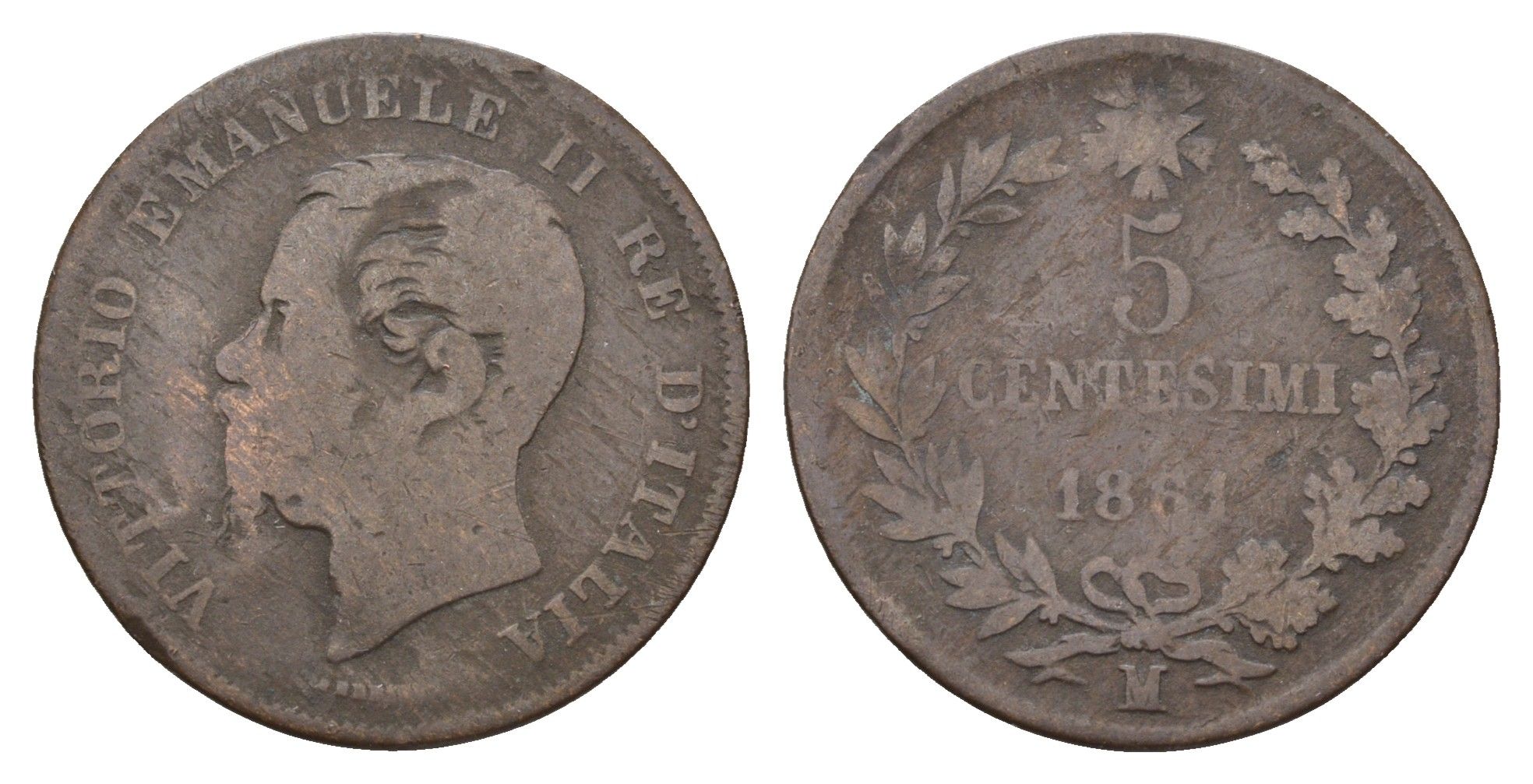 Италия 5 чентезимо 1861 M, Виктор Эммануил II (1861-1878) KM 3 медь 45-1043
