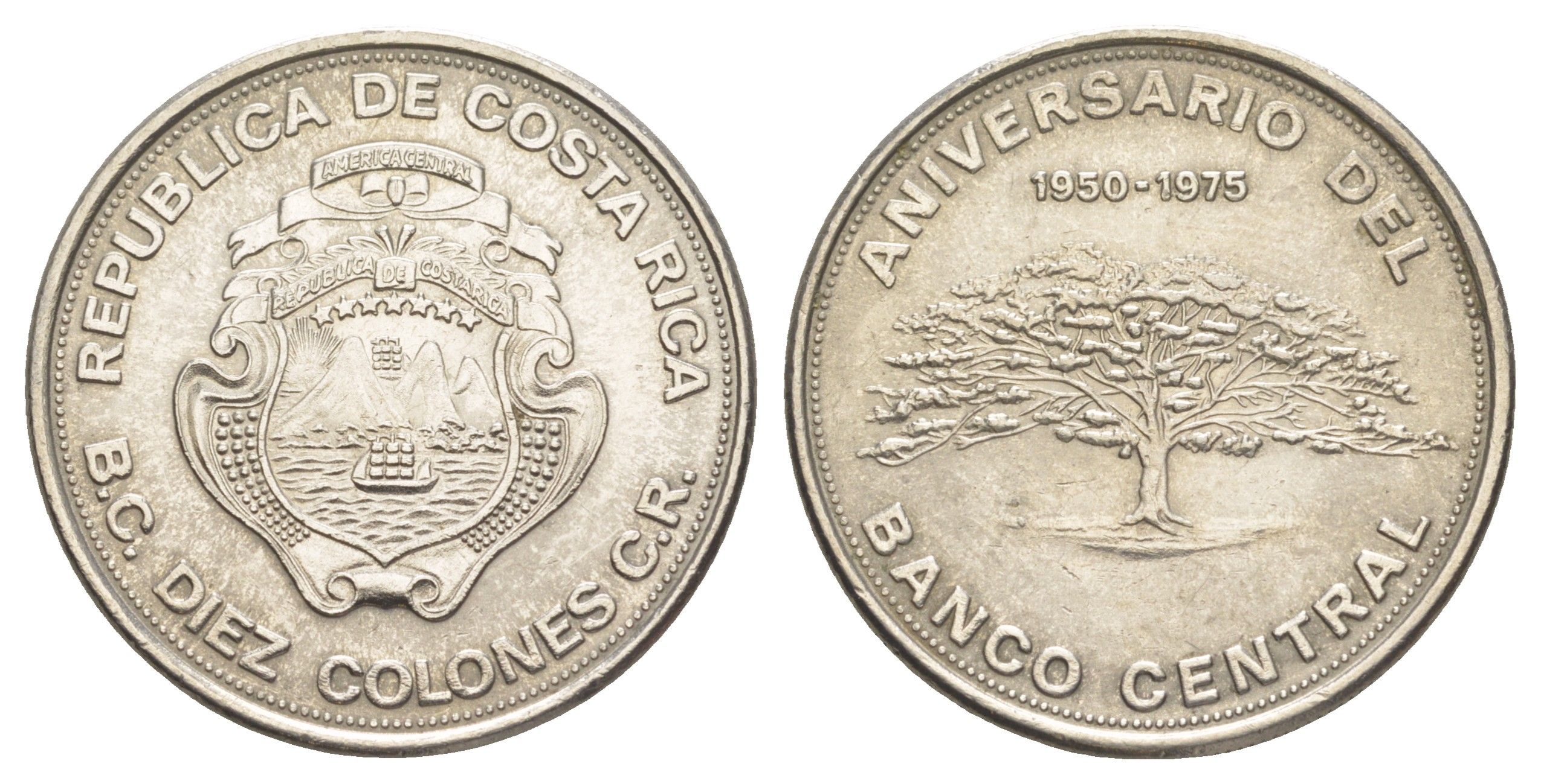 Коста-Рика 10 колонов 1975 25 лет Центральному Банку KM 204 никель UNC 4645-346