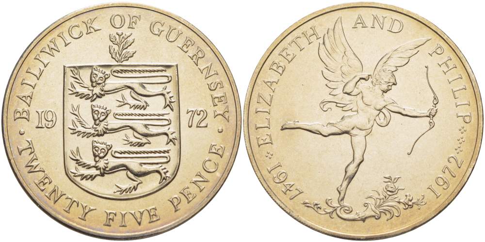 Гернси 25 пенсов 1972 25 лет свадьбы Елизаветы II и Филиппа, амур, в оригинальной пластиковой коробке KM 26 медно-никель UNC 00-00
