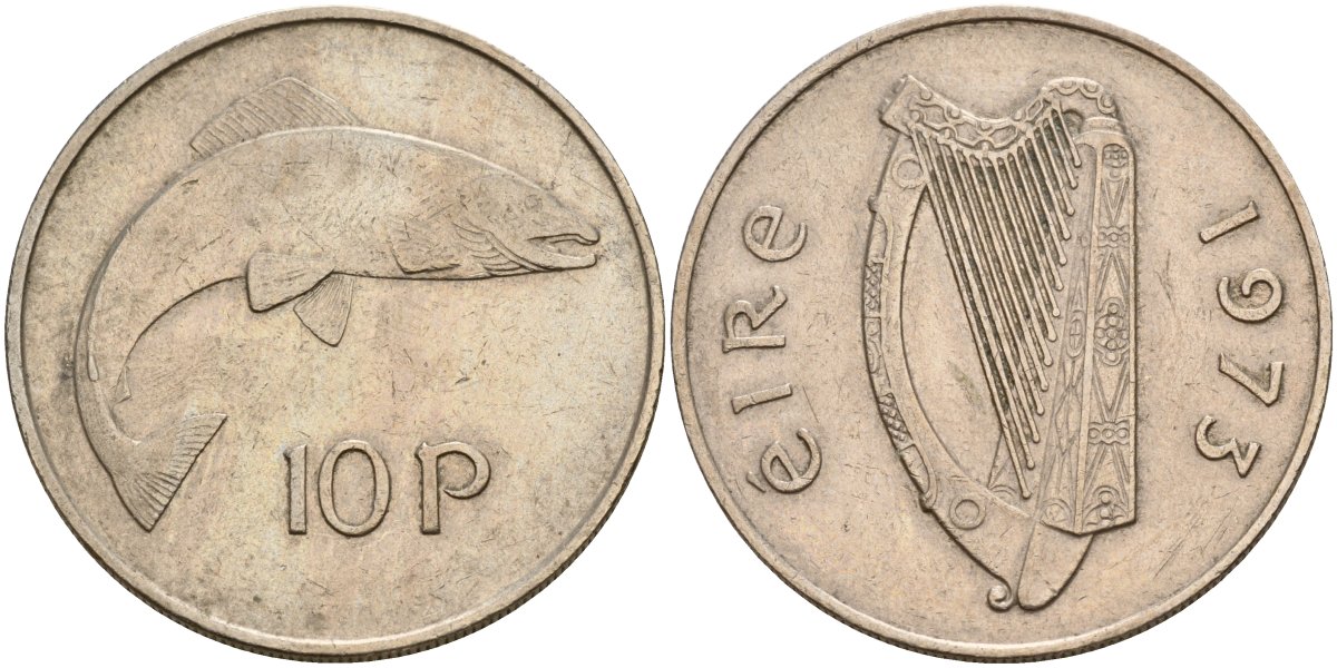 Ирландия 10 пенсов 1973 лосось KM 23 медно-никель 4140-323
