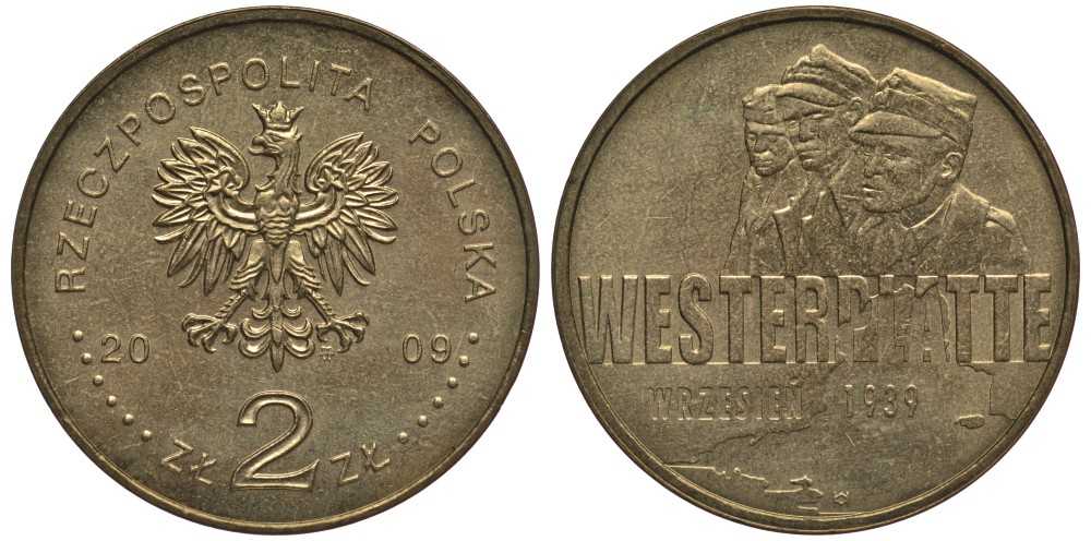 Польша 2 злотых 2009 MW, оборона Вестерплатте в сентябре 1939 года KM 694 латунь 114-443