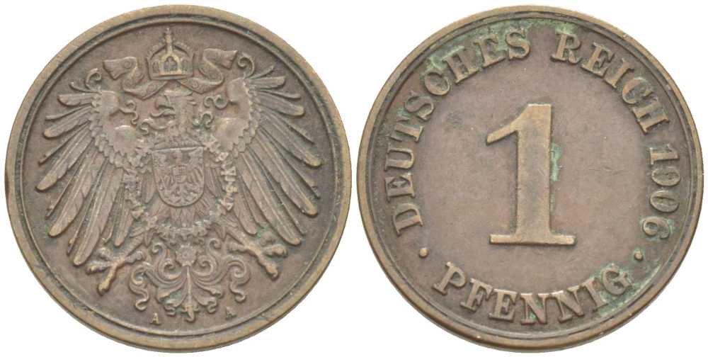 ГЕРМАНИЯ 1 ПФЕННИГ 1906 A KM 10, J. 10, Weege медь 211-562