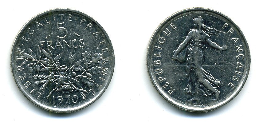 Франция 5 франков 1970 сеятель, тип Semeuse KM 926a.1, Le Franc 341.2 медно-никель плакированный никелем 25-714