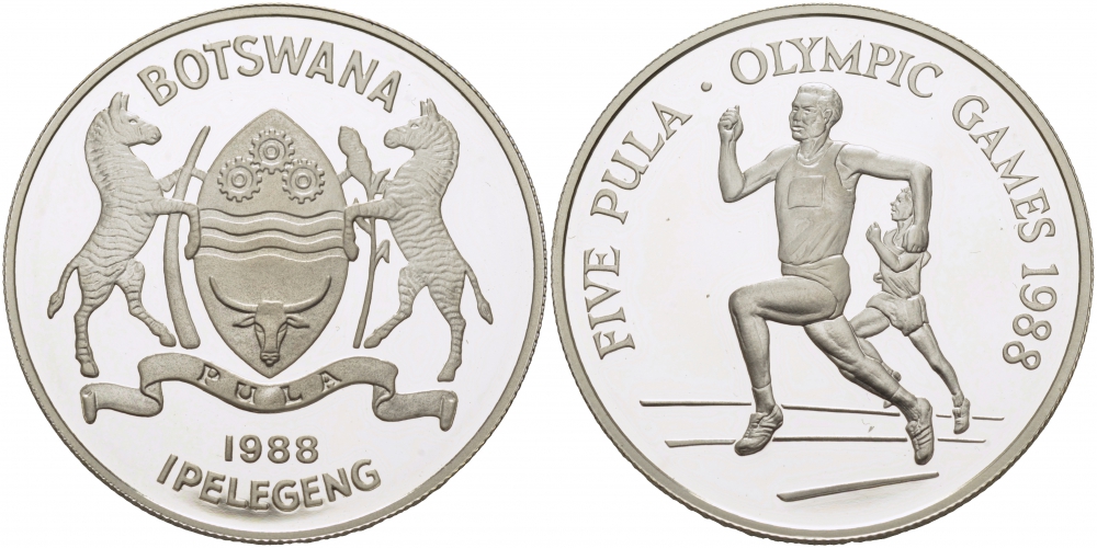 Ботсвана 5 пула 1988 XIV летние олимпийские игры в Сеуле, бег, тираж 25000 экз. КМ 21 серебро PROOF 1077-8-64