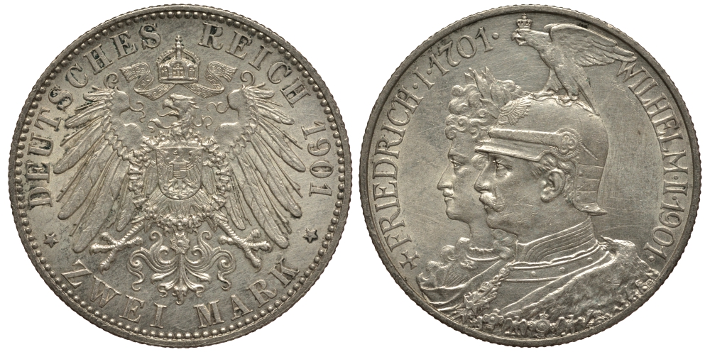 Пруссия 2 марки 1901 A, 200 лет Прусской королевской династии (Фридрих I - Вильгельм II) J.105, Weege 105, KM 525 серебро 3711-1133