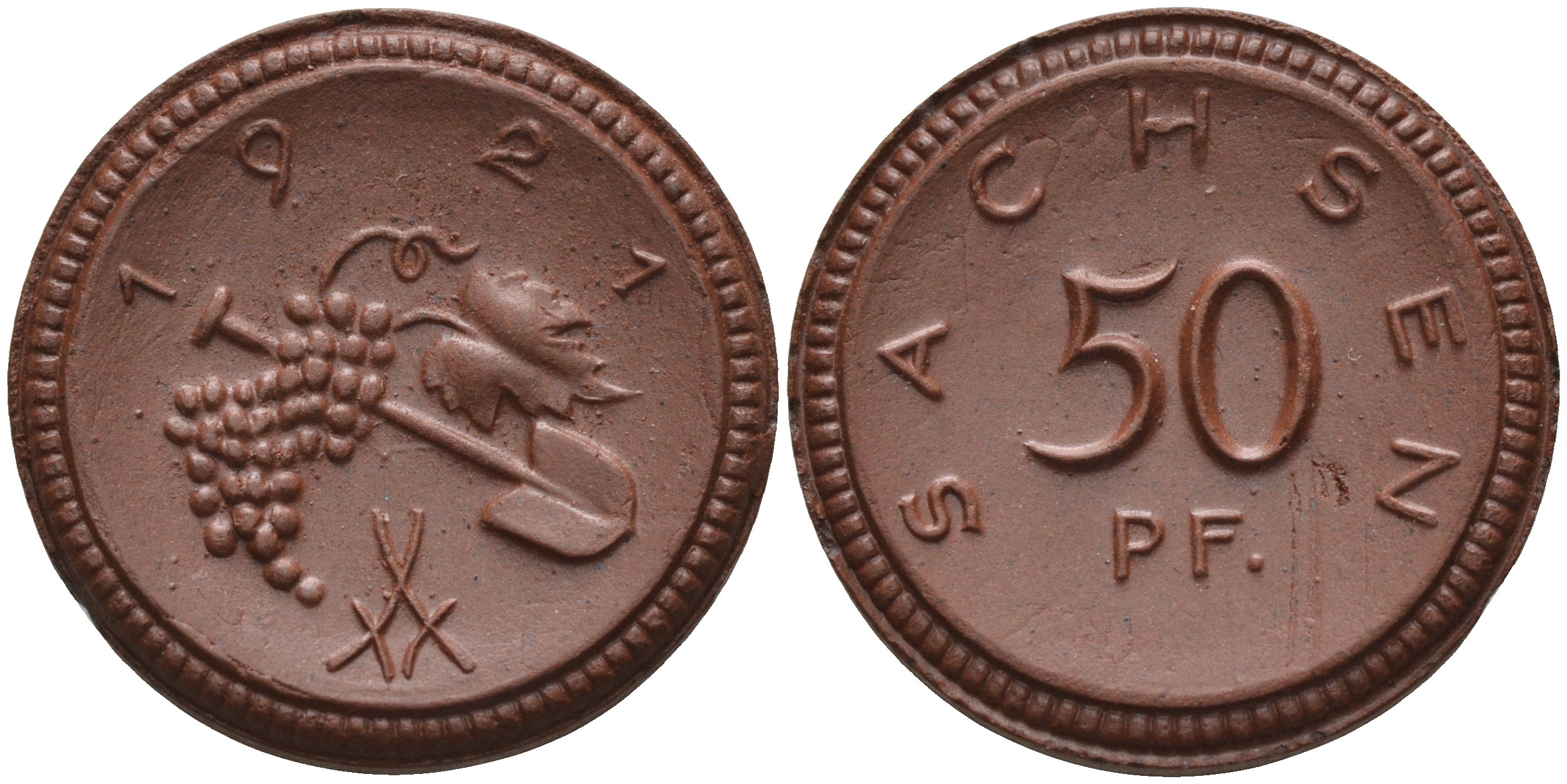 Саксония 50 пфеннигов 1921 виноград и лопата J. N 54 фарфор 1094-5-51