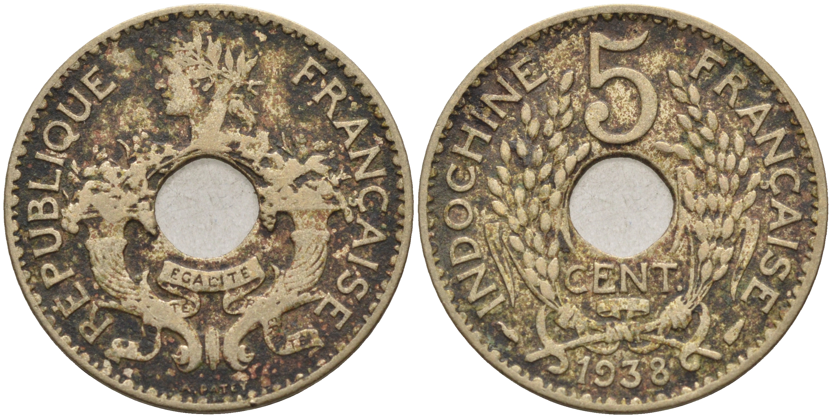 Французский Индокитай 5 центов 1938 а KM 18.1а никель латунь 4589-747