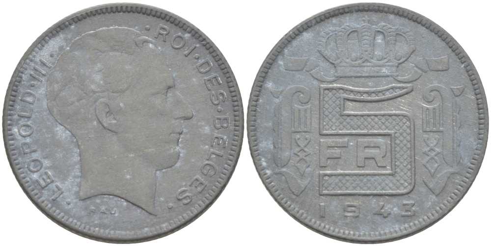 БЕЛЬГИЯ 5 ФРАНКОВ 1943 BELGES, ЛЕОПОЛЬД III (1934-1950) ГЕРМАНСКАЯ ОККУПАЦИЯ, ВТОРАЯ МИРОВАЯ ВОЙНА KM 129.1 цинк 202-1143