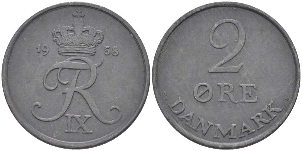 ДАНИЯ 2 ЭРЕ 1958 C; S, ФРЕДЕРИК IX (1947-1972) KM 840.2 цинк 67-252