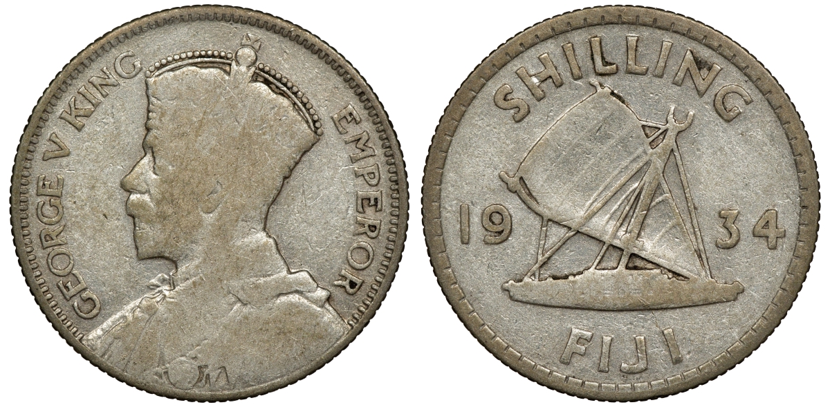 Фиджи 1 шиллинг 1934 Георг V (1910-1936), парусник KM 4 серебро 91-937