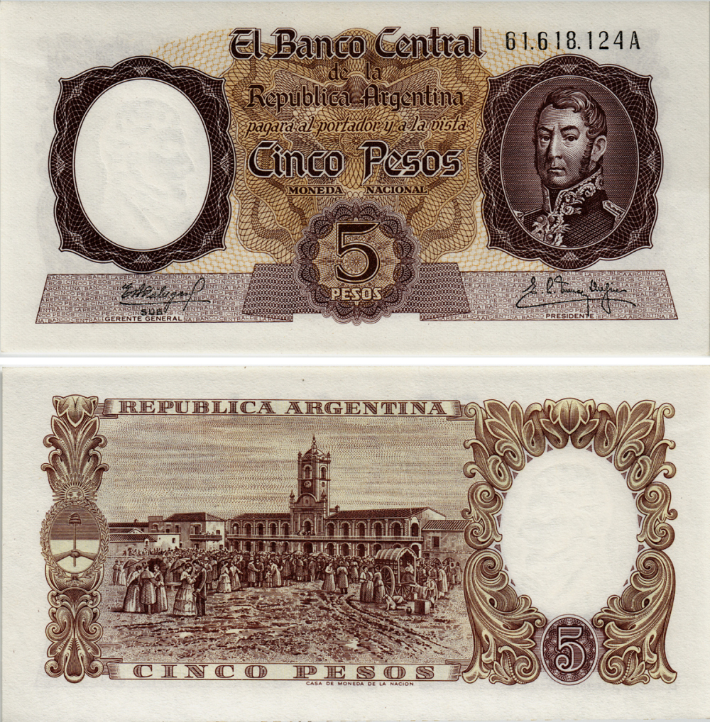 АРГЕНТИНА 5 ПЕСО 1961 СЕРИЯ А 61618, ГЕНЕРАЛ САН МАРТИН Pick 275 бумага UNC (ПРЕСС) 7204-46-2