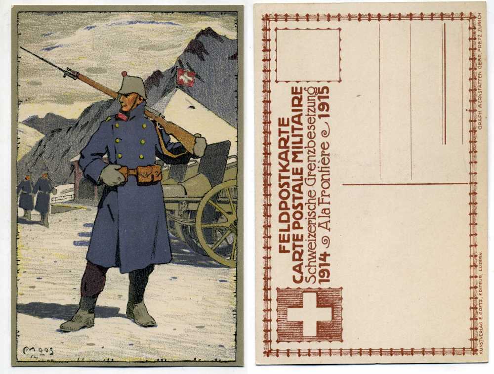 ШВЕЙЦАРИЯ ОТКРЫТКА 1914-1915 I-АЯ МИРОВАЯ ВОЙНА, СОЛДАТ С РУЖЬЕМ В ОХРАНЕ АРТЕЛЛЕРИИ В ГОРАХ бумага 2193-26
