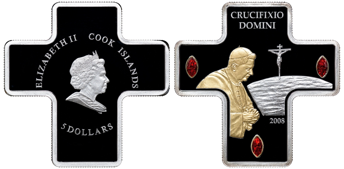 Острова Кука 5 долларов 2008 Бенедикт XVI, стразы, позолота, монета в виде креста серебро PROOF 1065-2-12