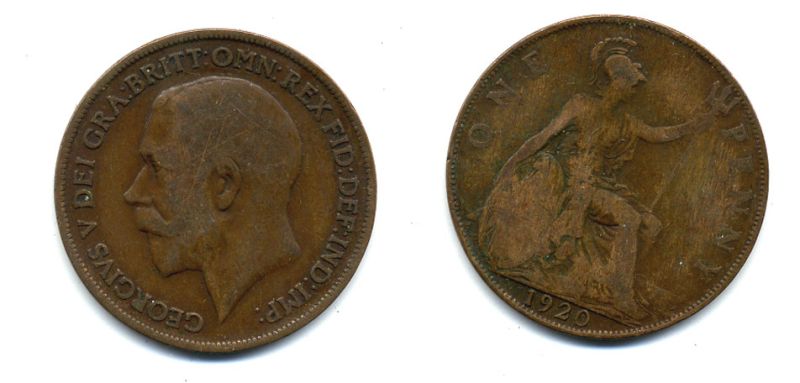 Великобритания 1 пенни 1920 Георг V (1910-1936) КМ 810, Spink 4051 бронза 47-436