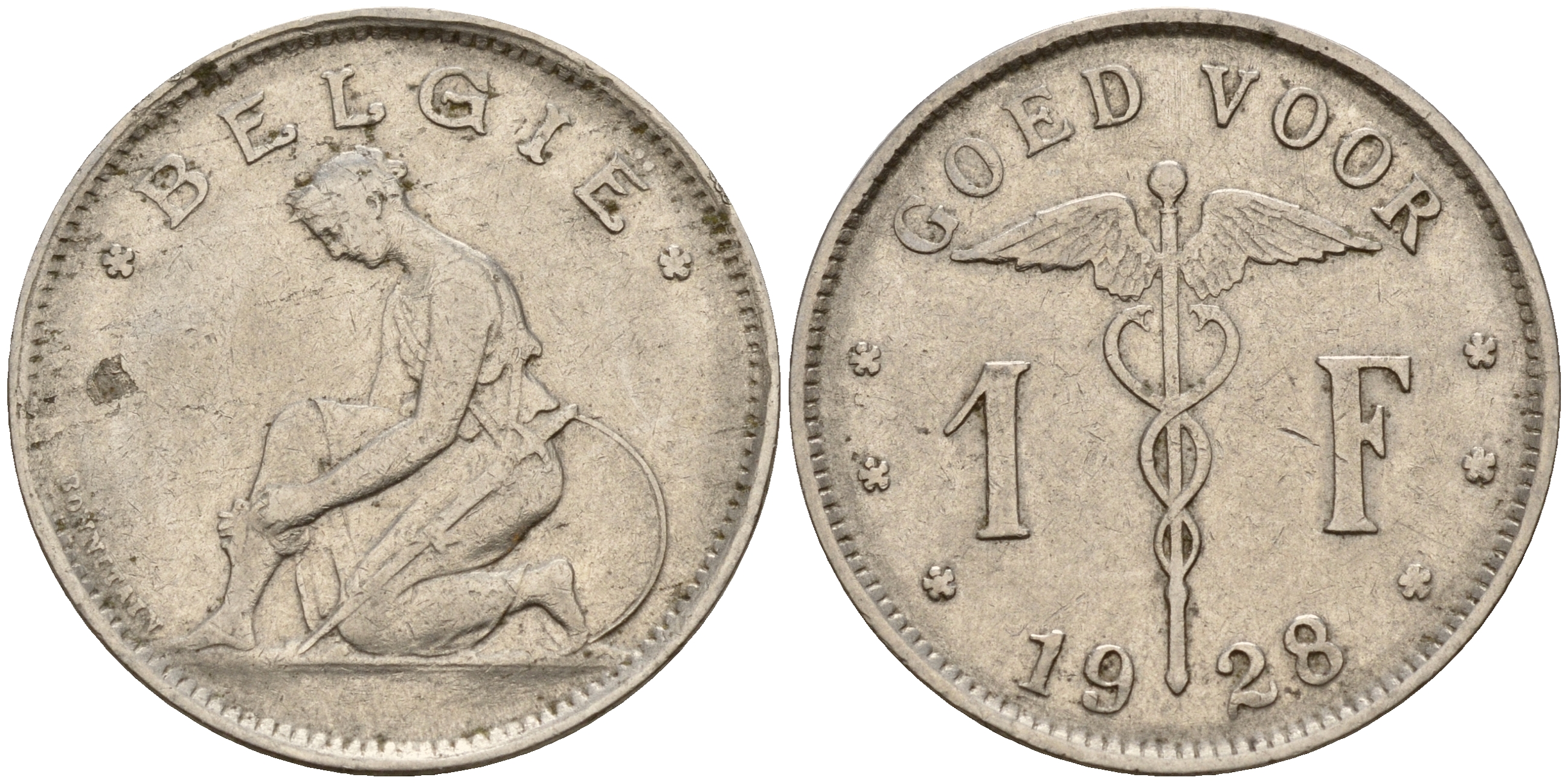 Бельгия 1 франк 1928/23 Belgie KM 90 никель    4161-1156