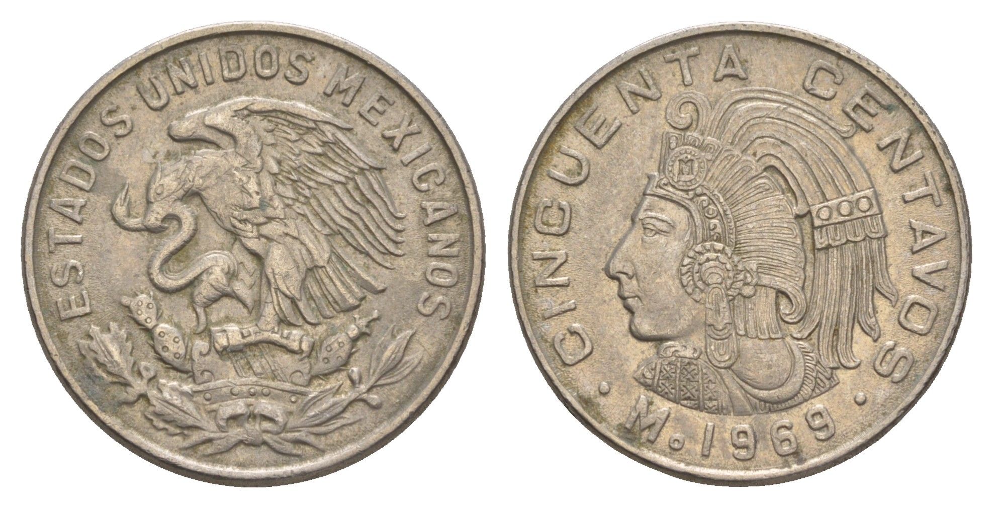 Мексика 50 сентаво 1969 Куаутемок, последний правитель империи ацтеков KM 451 медно-никель 4656-1211