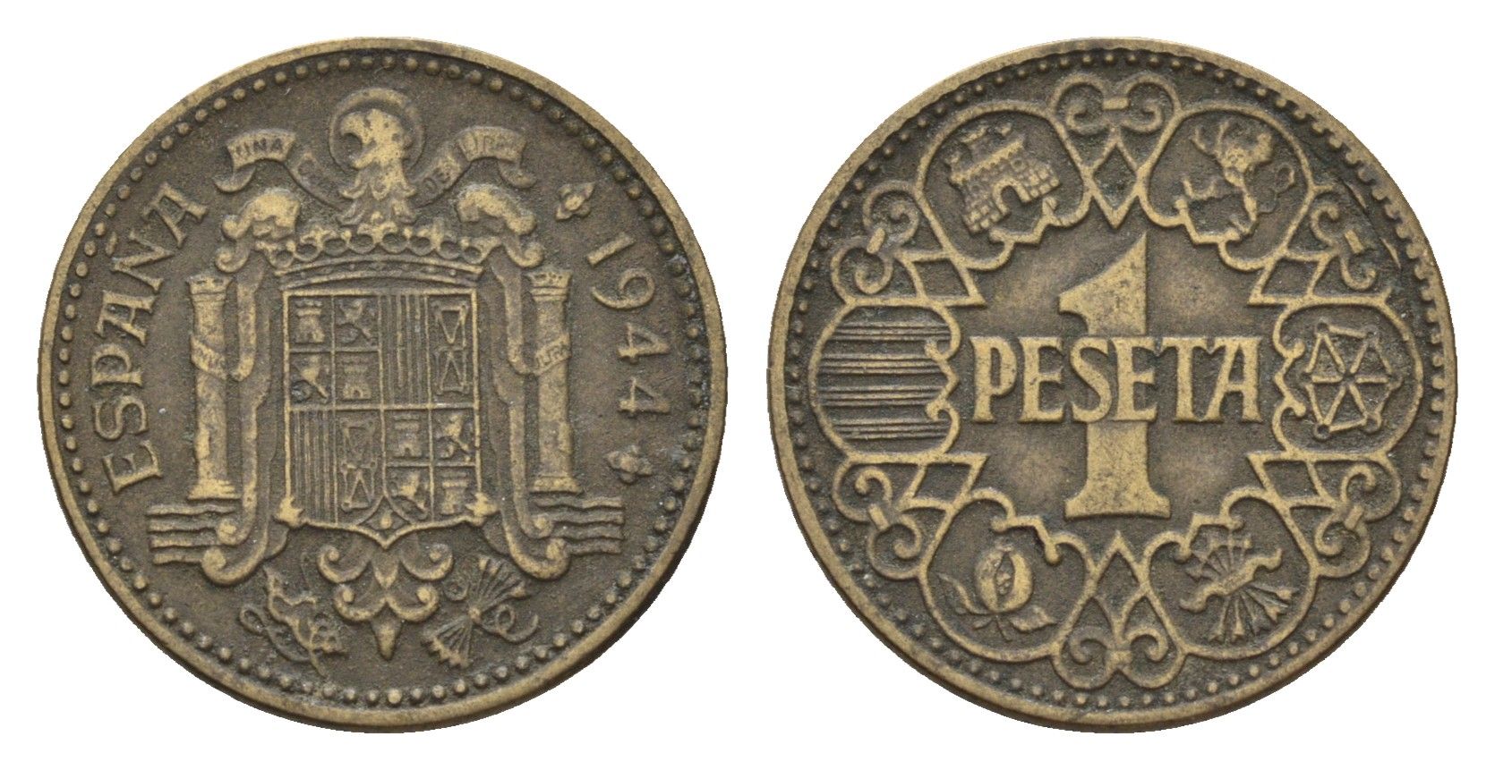 Испания 1 песета 1944 национальное правительство (1939 - 1947) KM 767 алюминиевая бронза 4702-255
