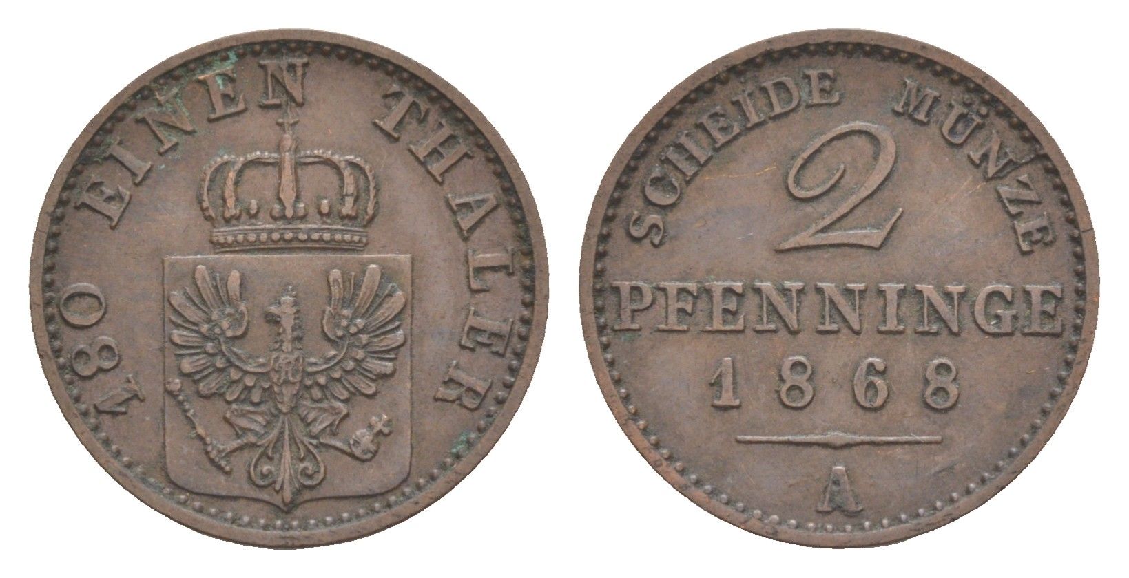 Пруссия 2 пфеннига 1868 A, Вильгельм I (1861-1888) KM 481, Jaeger 51, AKS 107, Olding 425 медь 4651-319