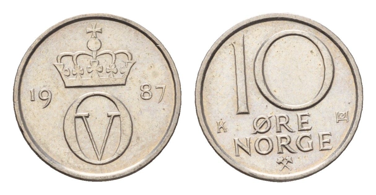 Норвегия 10 эре 1987 Улаф V (1957-1991) KM 416 медно-никель UNC 4684-1228