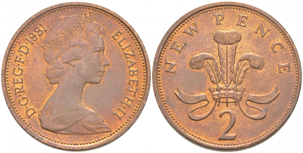 Великобритания 2 пенса 1981 Елизавета II (1952-2022) KM 916, Spink 4235 (C1) бронза UNC 77-147