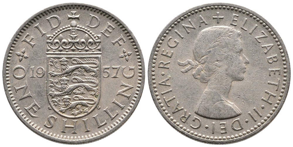 Великобритания 1 шиллинг 1957 Елизавета II (1952-2022), Английский герб KM 904, Spink 4147 медно-никель 86-951