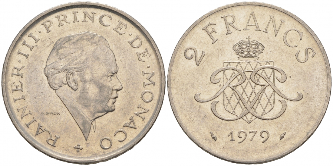 Монако 2 франка 1979 Ренье III (1949-2005) KM 157 никель 73-1451