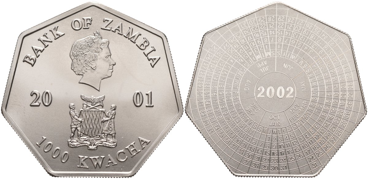 Замбия 1000 квача 2001 календарь, семиугольная KM 74 медно-никель PROOF 1085-8-11