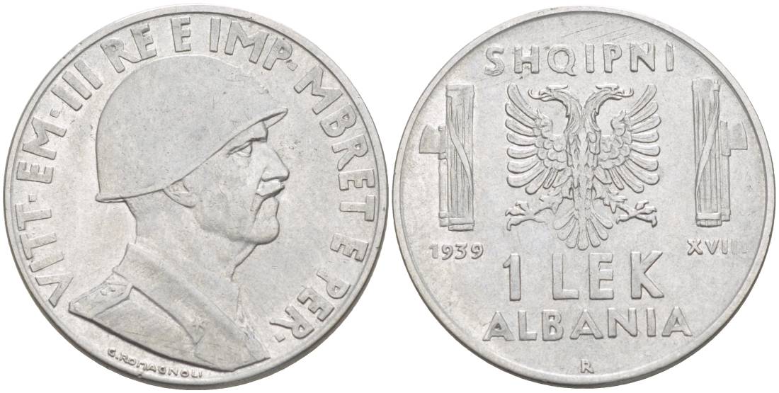 Албания 1 лек 1939 R, год XVIII, Итальянская оккупация, вторая мировая KM 31 нержавеющая сталь 4538-155
